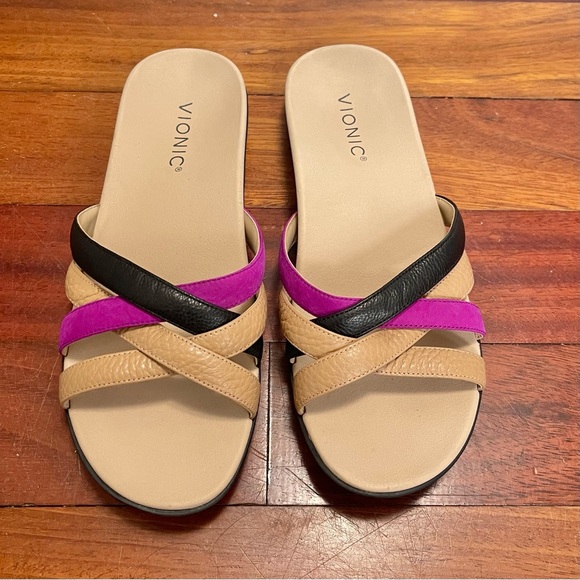 Vionic Dava Leather Sandals Size 7 Flats Strappy Summer Black Tan Purple - Picture 2 of 11
